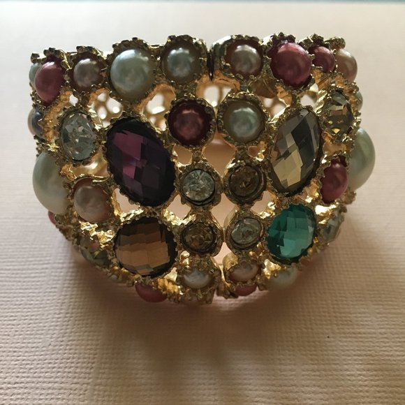 Colorful Stone Gold Bangle Bracelet GUC - Picture 1 of 3